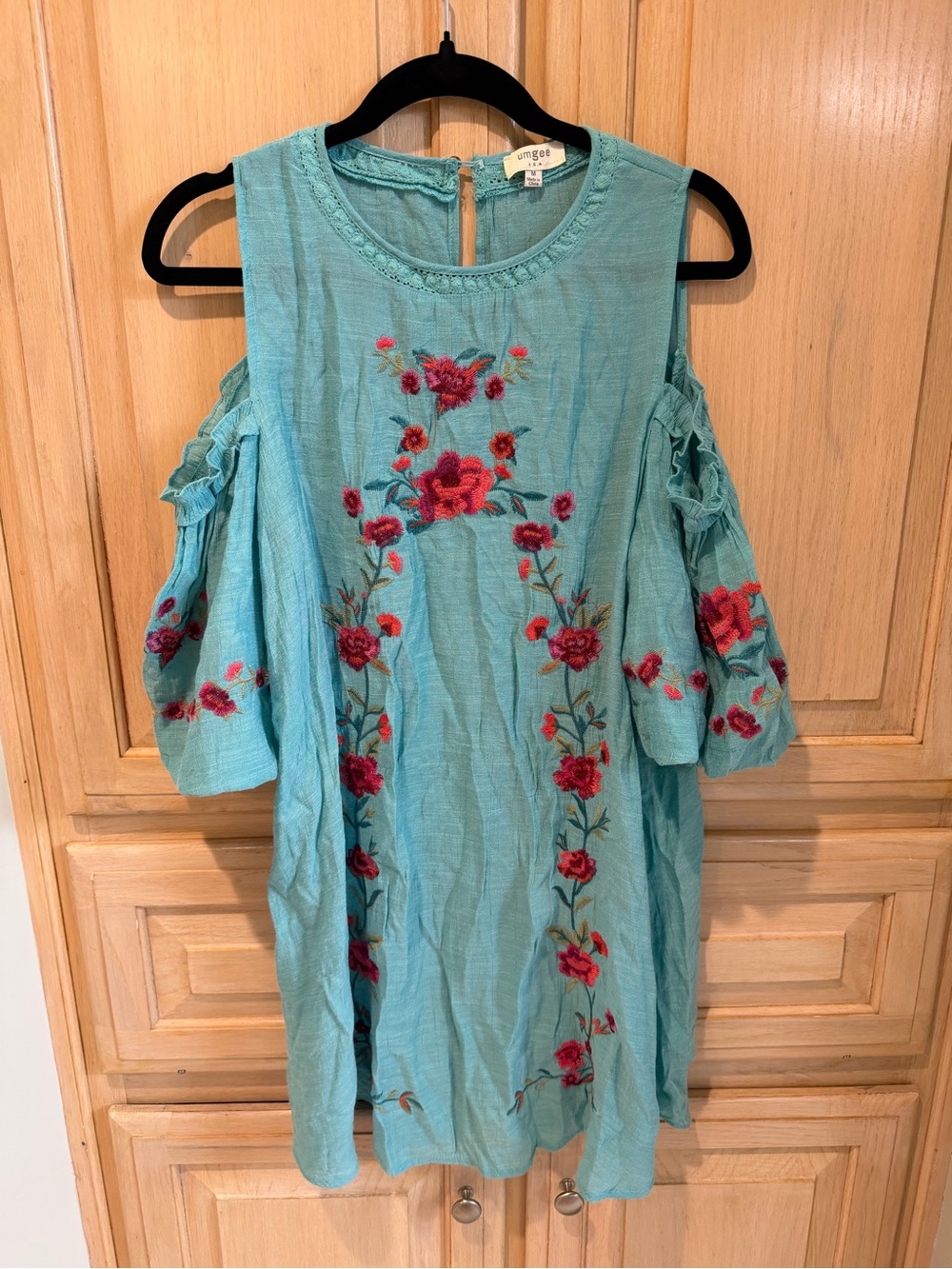 Umgee Aqua Cold-Shoulder Embroidered Floral Dress